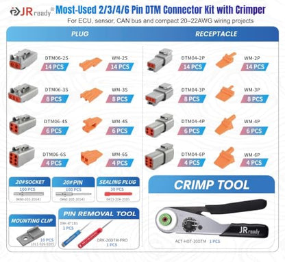 JRready ST6461 Deutsch DTM Connector Kit with Crimping Tool & Pin Removal Tools, DTM 2/3/4/6 Pin Waterproof Wire Connectors, Size 20 Solid Contacts 20-22AWG for Automotive ECU Sensor Wiring - size: DTM Kit with Crimper