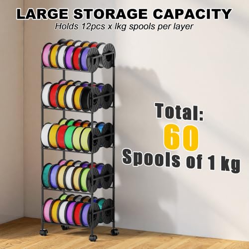 3D Printer Filament Storage Rack with Wheels, 5-Tier Rolling Spool Holder Stand Cart, Holds up to 60x1kg Spools, Heavy Duty Metal Filaments Organizer Shelf for Printing Studio Office Workshop - size: 5-Tire