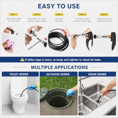 Sewer Jetter Kit for Pressure Washer 150FT, 5800PSI Drain Cleaner Hose 1/4 Inch NPT Corner Rotating and Button Nose Sewer Jetting Nozzle Pearl Corsage Pin Waterproof Tape with Spanner (150FT) - size: 150FT