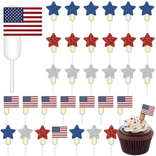 Glenmal 48 Sets 4ml American Flag Patriotic Cupcakes Pipettes, Plastic Pipettes Dropper for Cupcakes with American Flag Disposable Mini Flavor Liquor Infuser Squeeze Dropper for Cupcake Ice Cream - style: Patriotic
