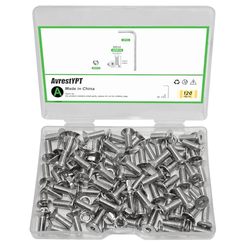 120Pcs M5x14 Flat Head Socket Cap Screws Countersunk Bolts, Allen Socket Drive, Stainless Steel 18-8 (304), Full Thread, Bright Finish - size: M5x14