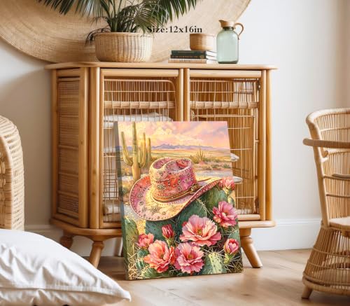ZOIYINO Floral Cowgirl Boots Wall Art,Pink Cowgirl Hat Desert Wall Art - color: Pink Cowgirl Hat Desert Wall Art