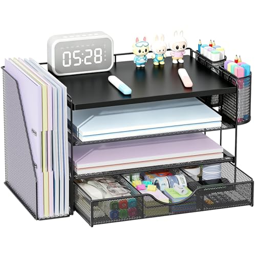 gianotter Wood Desk Organizers and Accessories with File Holder, 4-Tier Desk Accessories & Workspace Organizers with Drawer and 2 Pen Holder, Desk Reference Organizer (Black, 4T with Metal Drawer) - color: Matte Black