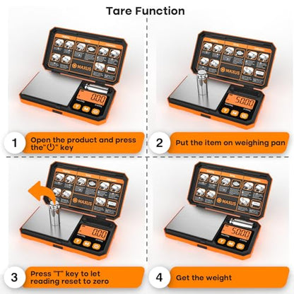 MAXUS Pocket Scale, 200g x 0.01g, with 50g Calibration Weight and USB Cable - color: Orange