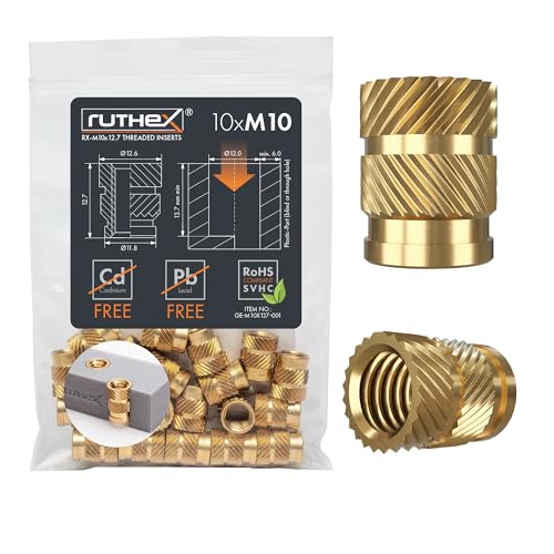 ruthex M10 Threaded Inserts - 10 Pieces RX-M10x12.7 Brass Heat Set Insert for Plastic Parts - Inches knurled Nuts - Insert by Heat into 3D Printing Components - color: Metric Threaded Insert, size: M10x12.7 (10pcs)