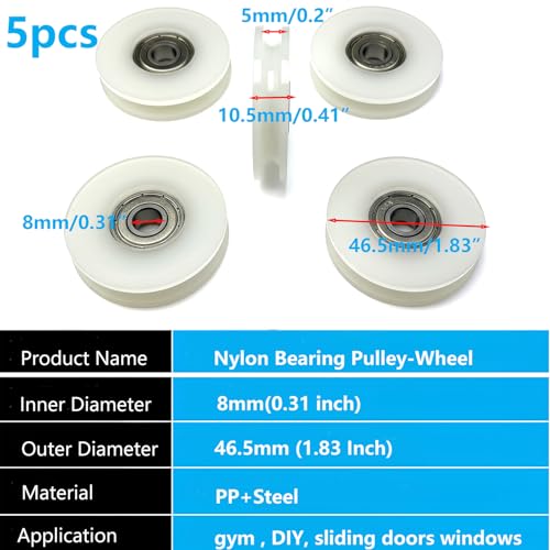 Plastic Nylon Roller Wheel, 1.8"/46.5mm Silent U Groove Pulley Wheels Ball Bearing for Sliding Door Garage Gym Pulleys System, with 608zz Bearing,5Pcs - size: 46.5mm(5pcs)