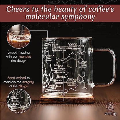 Greenline Goods Glass Coffee Mug - 16 oz Tumbler Science of Coffee Glass (Set of 2) - Etched with Coffee Chemistry Molecules