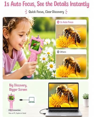 Microscope Camera for Kids Gifts Toys- Handheld Pocket Microscope Autofocus - color: Pink