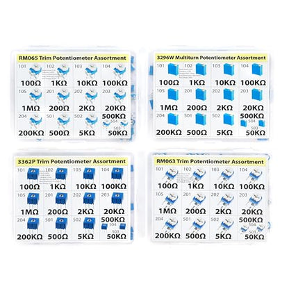 Trim Trimmer Potentiometer Assortment RM065, 3296W, 3362P, RM063 All 100Ω 1K 10K 100K 1M 200Ω 2K 20K 200K 500Ω 5K 50K
