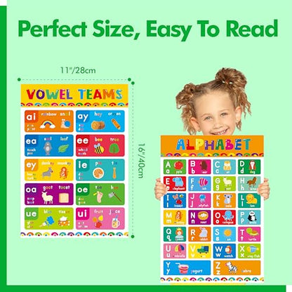 17 English Phonics Posters, Language Education Charts, Learning Vowels, Alphabet Posters, PET Film Covered Phonics Learning Tool For Kindergarten Classroom, Bulletin Board, Kids’ Room, 11”x16” - color: 17 English Phonics Posters