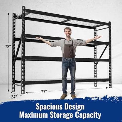 WORKPRO 8000LBS Storage Shelves, 77" Extra-Wide Garage Shelving, Heavy-Duty Metal Shelving Unit, Adjustable 4-Tier Garage Storage Rack for Warehouse, Basement,77" W X 24" D X 72" H, Black - size: 77" W X 24" D X 72" H