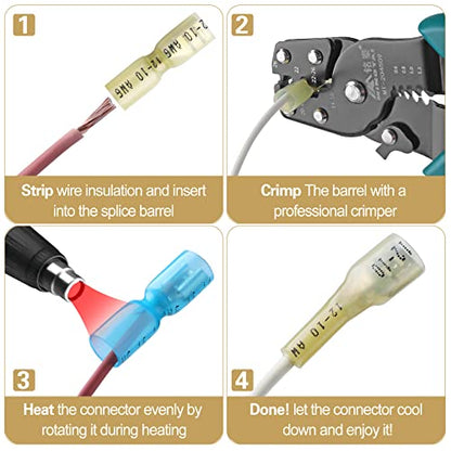 100 PCS 12-10 AWG Waterproof Heat Shrink Quick Disconnect Connectors, Crimp Electrical Wire Female Spade Connectors Insulated Disconnect for Marine Automotive Motorcycle Home Wiring (Yellow) - size: [12-10 AWG] Female x 100