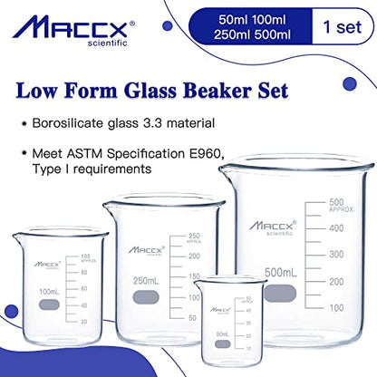 Sturdy Glass Beakers, 4 Sizes of 50ml 100ml 250m 500ml,3.3 Borosilicate Griffin Low Form with Printed Graduation, BKLS03-004 - style: Vol.50ml 100ml 250ml 500ml