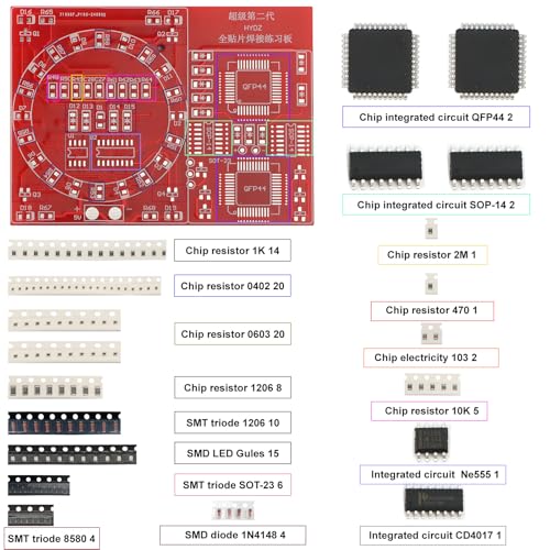 SMD/SMT Soldering Practice Kit for Beginners, 4 PCB Training Boards (Blue/Red/Green + Small Blue), Covers 1206/0805/0603/0402, 60W Soldering Iron, 2 Battery Boxes, Instructions, Complete Components - color: 60w Iron Kit With 4 Boards