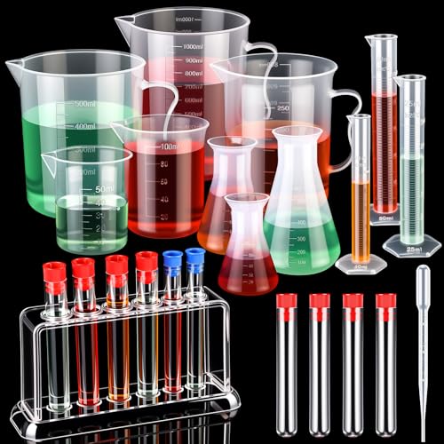 Baderke 28 Pcs Plastic Beakers Test Tubes with Graduated Cylinder Flask