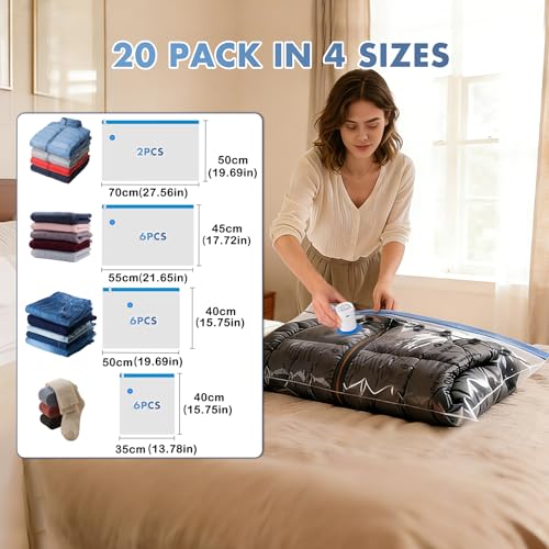 BoxLegend 20 Pack Travel Vacuum Storage Bags with Electric Pump 2 * 27.6x19.7+ 5 * 21.7x17.7+ 6 * 19.7x15.7+ 6 * 15.7x13.8in, Thickened Compression Bags for Clothes Luggage Travel Moving & Closet - size: 20 Combo Travel - Electric Pump
