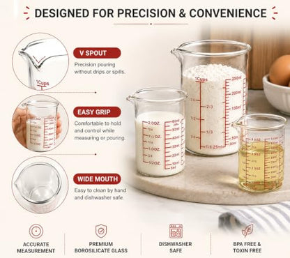 High Borosilicate Glass Measuring Cup Set - 60ml(2oz),120ml(4oz), 250ml(8oz) - Glass Measuring Beaker for Kitchen or Restaurant, laboratory, Easy to Read