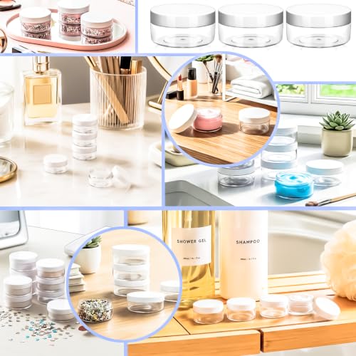 48PCS 10g Empty Clear Containers with Lids,Refillable Makeup Sample Containers, Small Sample Pot Jars Travel Makeup Container with Mini Spatulas for Liquid Powder Creams Lotions,White Lid - color: White, size: 10g