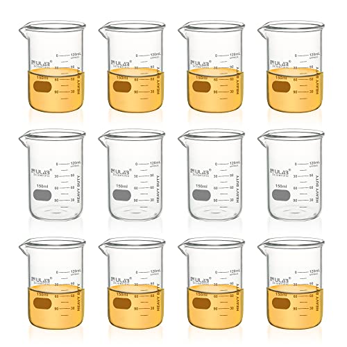 ULAB Heavy Duty Glass Beakers, 12pcs of Vol.150ml(5.07oz), Borosilicate 3.3 Glass, Thick Wall Beakers, with Double Scale, Superior Durability & Chemical Resistance, UBG1054 - style: 12pcs of Vol.150ml