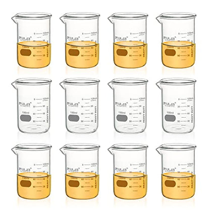 ULAB Heavy Duty Glass Beakers, 12pcs of Vol.150ml(5.07oz), Borosilicate 3.3 Glass, Thick Wall Beakers, with Double Scale, Superior Durability & Chemical Resistance, UBG1054 - style: 12pcs of Vol.150ml