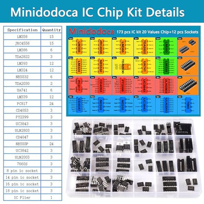 IC Chips kit Minidodoca 173 pcs 20 Values Chip Assortment Set+12 pcs Sockets;Integrated Circuits op amp kit 555 Timer IC Included NE555,LM358, LM324, LM393, LM339, NE5532, LM386,UA741,IC Plier etc - style: 173pcs ic kit