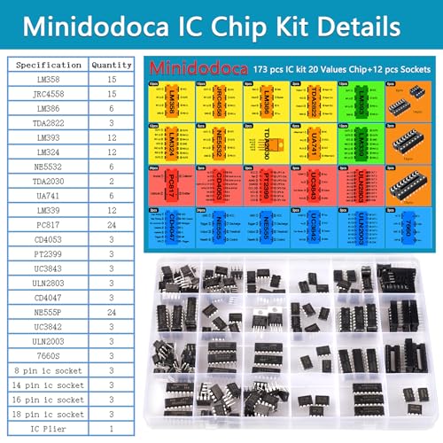 IC Chips kit Minidodoca 173 pcs 20 Values Chip Assortment Set+12 pcs Sockets;Integrated Circuits op amp kit 555 Timer IC Included NE555,LM358, LM324, LM393, LM339, NE5532, LM386,UA741,IC Plier etc - style: 173pcs ic kit