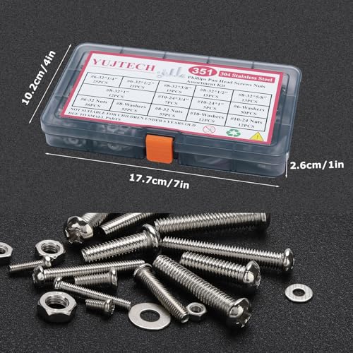 351Pcs Machine Screws Assortment Kit,#6-32#8-32#10-24 Stainless Steel Screws Set with Nuts Bolts and Flat Washers, for Electronics Furniture Automotive Repair & DIY Projects