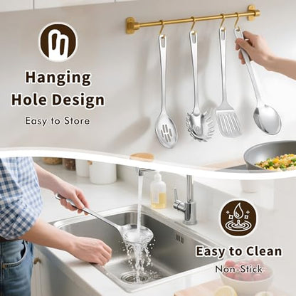 3 Pcs Stainless Steel Cooking Utensils Set, Heat Resistant Kitchen Utensils, Metal Kitchen Tools Include Solid & Slotted Spoon, Pasta Server, Ergonomic Handle, Dishwasher Safe, Easy to Clean, Silver - color: G. 3 Pieces