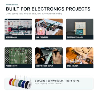 TUOFENG 22 AWG Solid Wire Kit, 6 Colors, 30 ft Each - size: 22 AWG 6 Colors Solid Wire Kit - 30ft Each