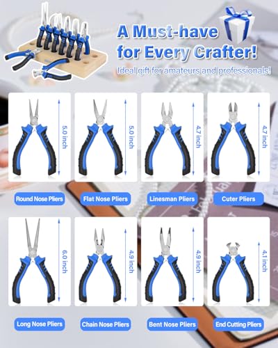 Toolour Jewelry Pliers Set Jeweler Making Tools Kit with Wood Holder,8Pcs Professional Wire Plier for Beading Jewelry Maker DIY Crafting Wrapping Crimping Cutting Repair,Essential Tools for Adults