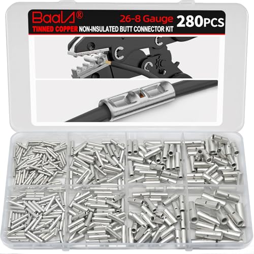 BAALA 280 PCS Non Insulated Butt Connectors Kit, 26-8 Gauge Butt Splice Connector Tinned Copper, Butt Connectors Crimp Wire Butt Connector for Wiring - color: Tinned Copper