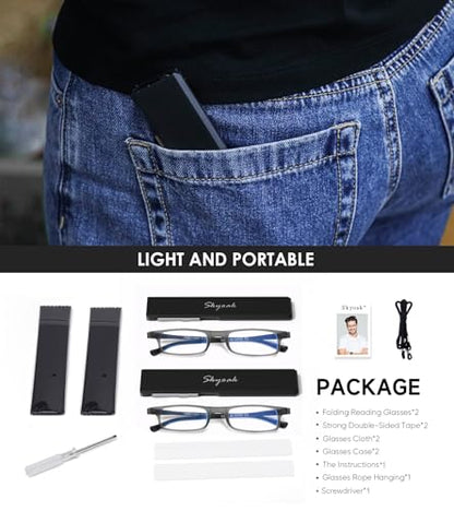 2 Pack Ultra thin Lightweight Folding Reading Glasses Women Men TR90 Blue Light Blocking Anti UV/Eyestrain Foldable Compact Computer Readers Portable Unique Stretchable Slim Flat case Gunmetal, +2.0 - color: Gunmetal-2pc