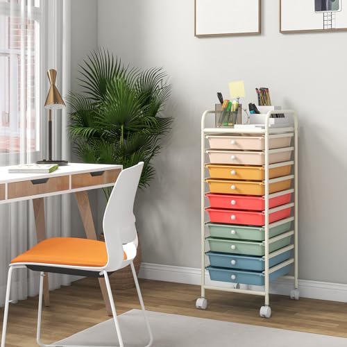 Giantex 10-Drawer Rolling Storage Cart w/Wheels, Handle, Removable Drawers, Mobile Organizer Storage Unit, Trolley Utility Cart for Home Kitchen Makeup Living Room Office Play Room - color: Macaron Multicolor, size: 10 Drawers Small