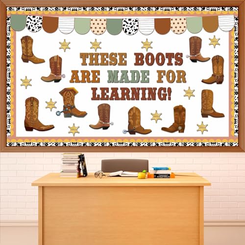 Western Cowboy Bulletin Board Decoration Set Wild Western Cowboy Boot Paper Cutouts These Boots are Made for Learning Brown Bulletin Board Border Set for Back to School Chalkboard Wall Decor Supply - style: Western Cowboy