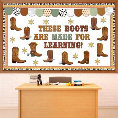 Western Cowboy Bulletin Board Decoration Set Wild Western Cowboy Boot Paper Cutouts These Boots are Made for Learning Brown Bulletin Board Border Set for Back to School Chalkboard Wall Decor Supply - style: Western Cowboy