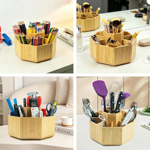 VaeFae 360 Rotating Bamboo Pen Holder for Desk, Art Supply Storage, Large - size: Large
