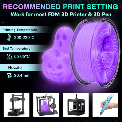PLA+ 3D Printer Filament, Glow in The Dark Filament 1.75mm, Long-Lasting Glow & High-Brightness, Luminous Bright 3D Printing Filament for Most 3D Printer - 1kg Spool(Glow Blue Purple) - color: Bluepurple