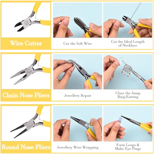 Pliers for Jewelry Making, Jewelry Pliers Set Includes Needle Nose Pliers, Round Nose Plier and Wire Cutters, Jewelry Making Tools for Jewelry Repair, Wire Wrapping, Beading and Crafts - color: Yellow