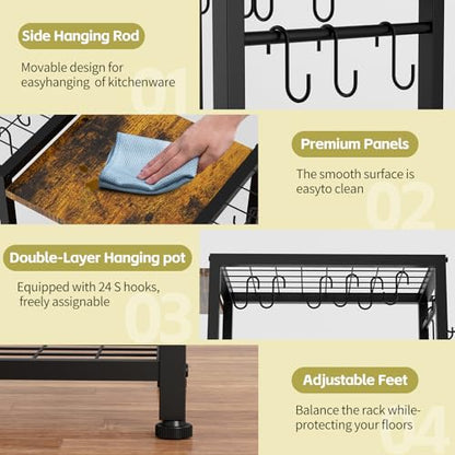 Pot Rack —Expandable Pot and Pan Organizer Rack, Freestanding Kitchen Pot and Pan Rack Storage Stand, Vertical Pan & Lid Hanging, Rustic Wood Top for Kitchen Storage & Organization