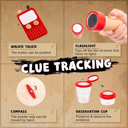 Spy Kit for Kids Detective Outfit Fingerprint Toys for 5 6 7 8 9 10 Year Old with Hat,Wooden Magnifying Glass and Detective Tools,Secret Agent Investigation Science Set,Spy Costumes for Kids 8-12