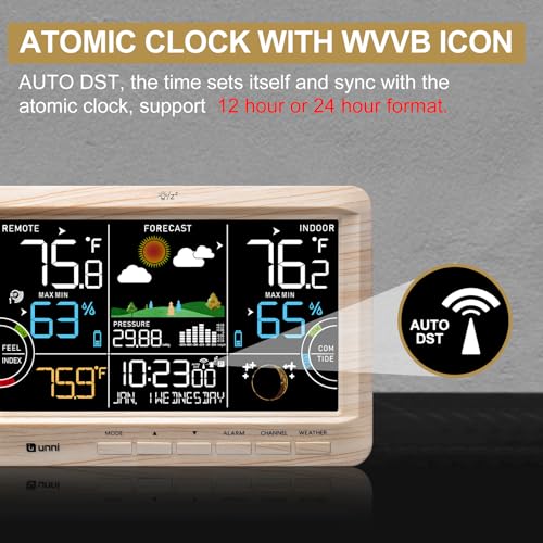 Weather Station Indoor Outdoor Thermometer Wireless Atomic Clock Wood - color: Multi