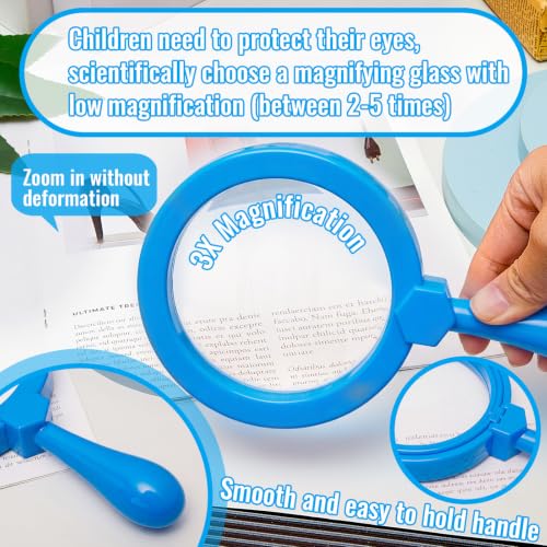 Lewtemi Kids Science Learning Toys Kids Magnifying Glass with Stand Grasp Jumbo Magnifiers 3X Magnification Exploration Preschool Learning Toys for Reading Book Map Insect (Blue) - color: Blue