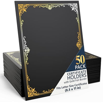 50 Pack Double Sided Certificate Holders 8.5x11 Black - Heavyweight 300gsm Cardstock Diploma Holder & Dual Certificate Folder Letter Size Award Certificate for Graduation with Gold Foil Diploma Cover - color: Black-gold, size: 50 Pack