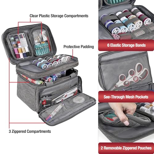 SINGER Sewing Accessories Organizer (Bag Only) – Double Layer Portable Sewing Storage Bag | 2 Detachable Pouches and 18 Compartments, Large Sewing Supplies & Crafting Carry-all (Gray) - color: Gray