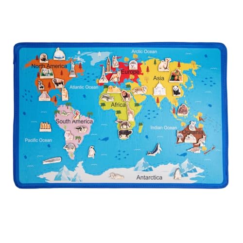 Montessori Continents Playmat with Matching Wooden Cards, World Map Matching Game for Kids 4-8 Years Old, Educational Play Mat, Geography Learning Activity Toy with 41 Animals & Landmarks