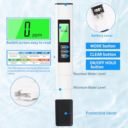 New 4 in 1 TDS Meter, TDS Meter Digital Water Tester, Accurate and Reliable, Water Tester,TDS EC and Temperature (° C/° F) Meter, 0-9990ppm,Used for Drinking Water and RO/DI Systems