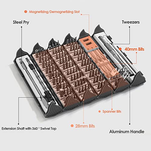 Precision Screwdriver Set Cylinder Organizing Case 128pcs in 1 Case S2 Alloy Steel HRC 56 Hardness Bits Space-saving Roll-up Case Professional Toolset Magnetizing Bit Heads for most sizes (9906) - size: 9906