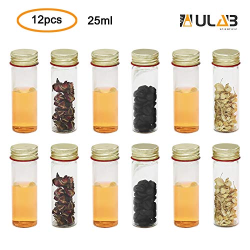 ULAB Scientific Sample Tubes 25ml with Screw Caps, Small Spice Containers 1oz, Makarthy, 3.3 Borosilicate Glass Tubes, Caps in Aluminum Material, Pack of 12, UTT1005 - style: Vol.25ml with Aluminum Screw Caps, 12pcs