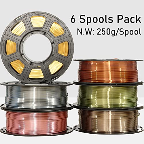 MIKA3D 6 Spools 1.75mm Silk PLA 3D Printer Filament Bundle, 6 Metallic Shiny Colors: Gold/Silver/Copper/Bronze/Coffee Gold/Rosegold, Each Spool 250g X 6 Spools, Total 1.5Kg 3D Printer Material - color: 6 Spools - Gold/Silver/Copper/Bronze/Coffee Gold/Rose