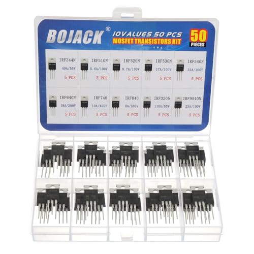 BOJACK 10 Values 50 Pcs IRFZ44N IRF510N IRF530N IRF540N IRF640N IRF740 IRF840 IRF3205 IRF9540 IRF Series transistors MOSFET Assortment Kit
